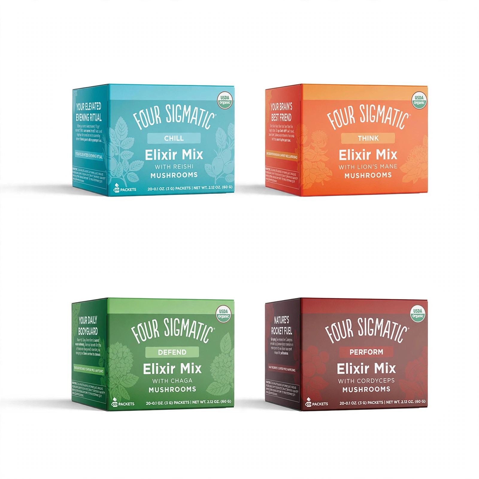 Four Sigmatic Chill Think Defend and Perform boxes displayed.