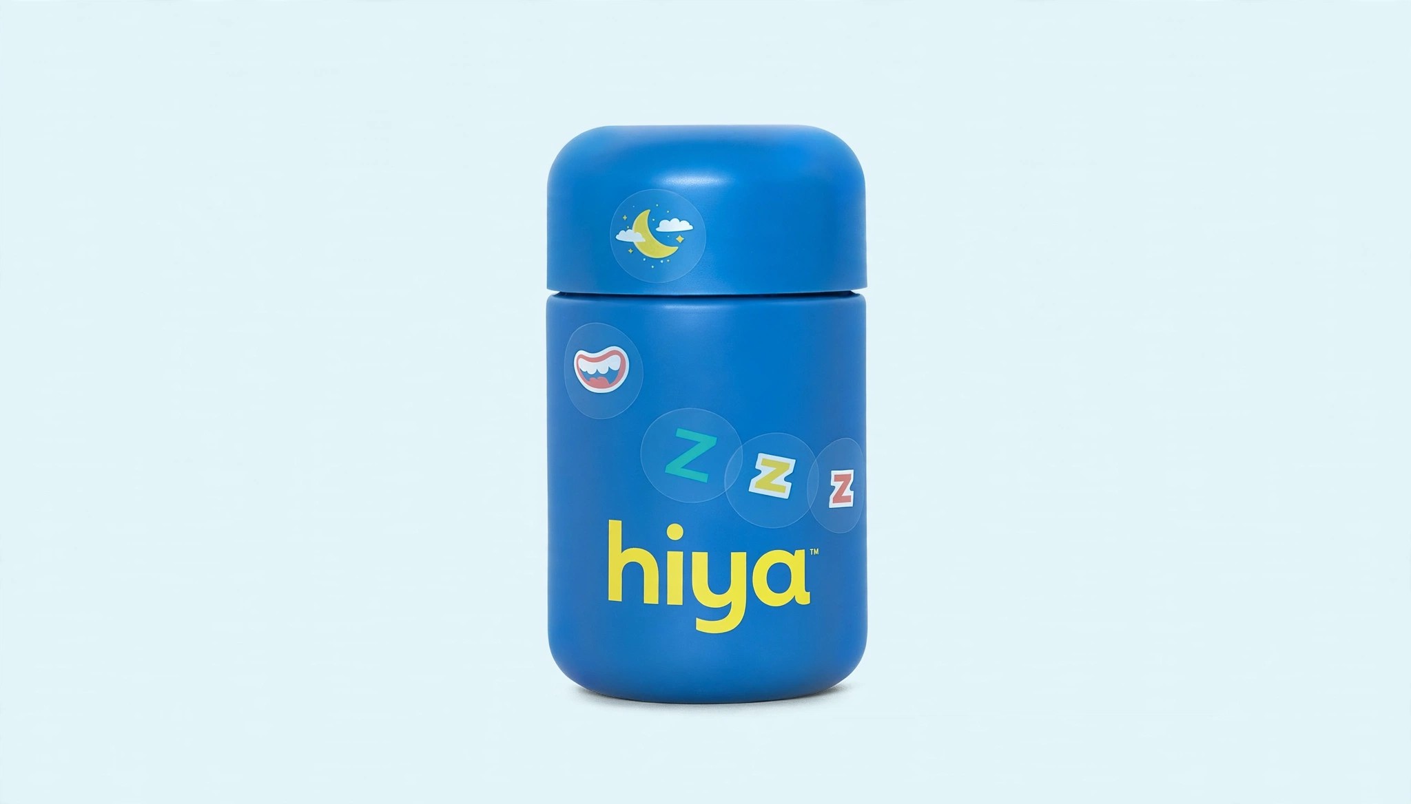 Close view of a blue Hiya bottle with stickers.