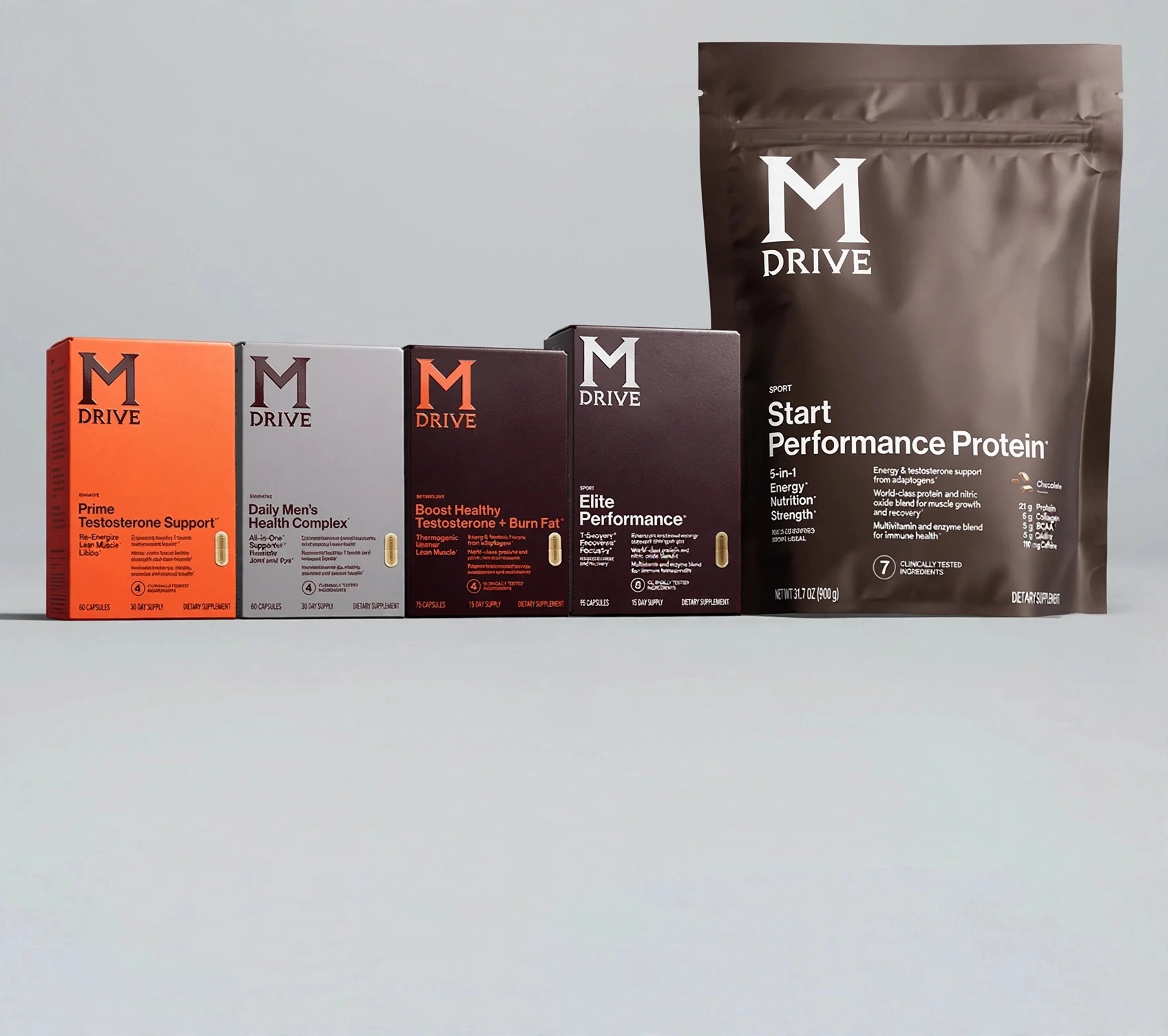 Lineup of M Drive products photographed in studio light.