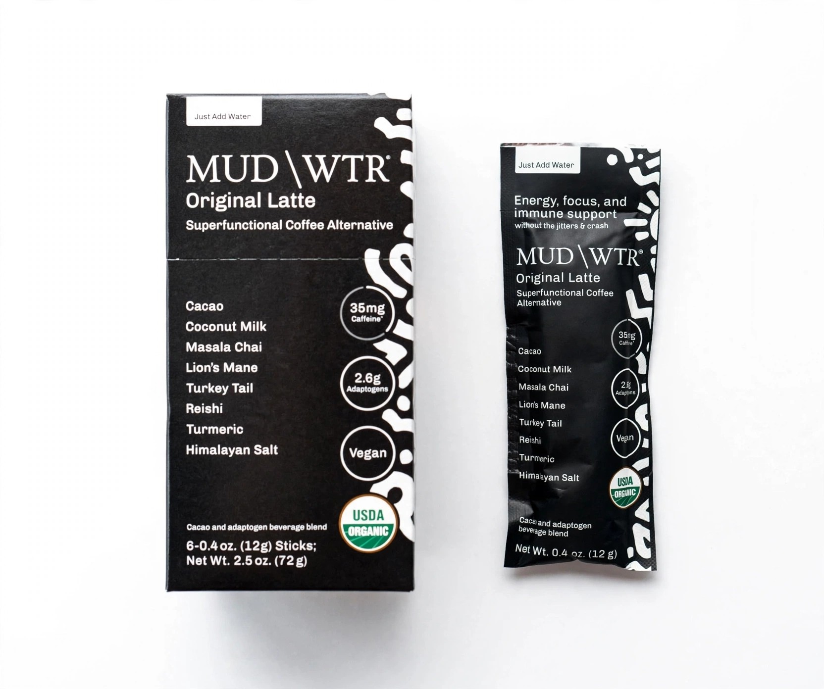 Original Latte packaging and stick pack on white.