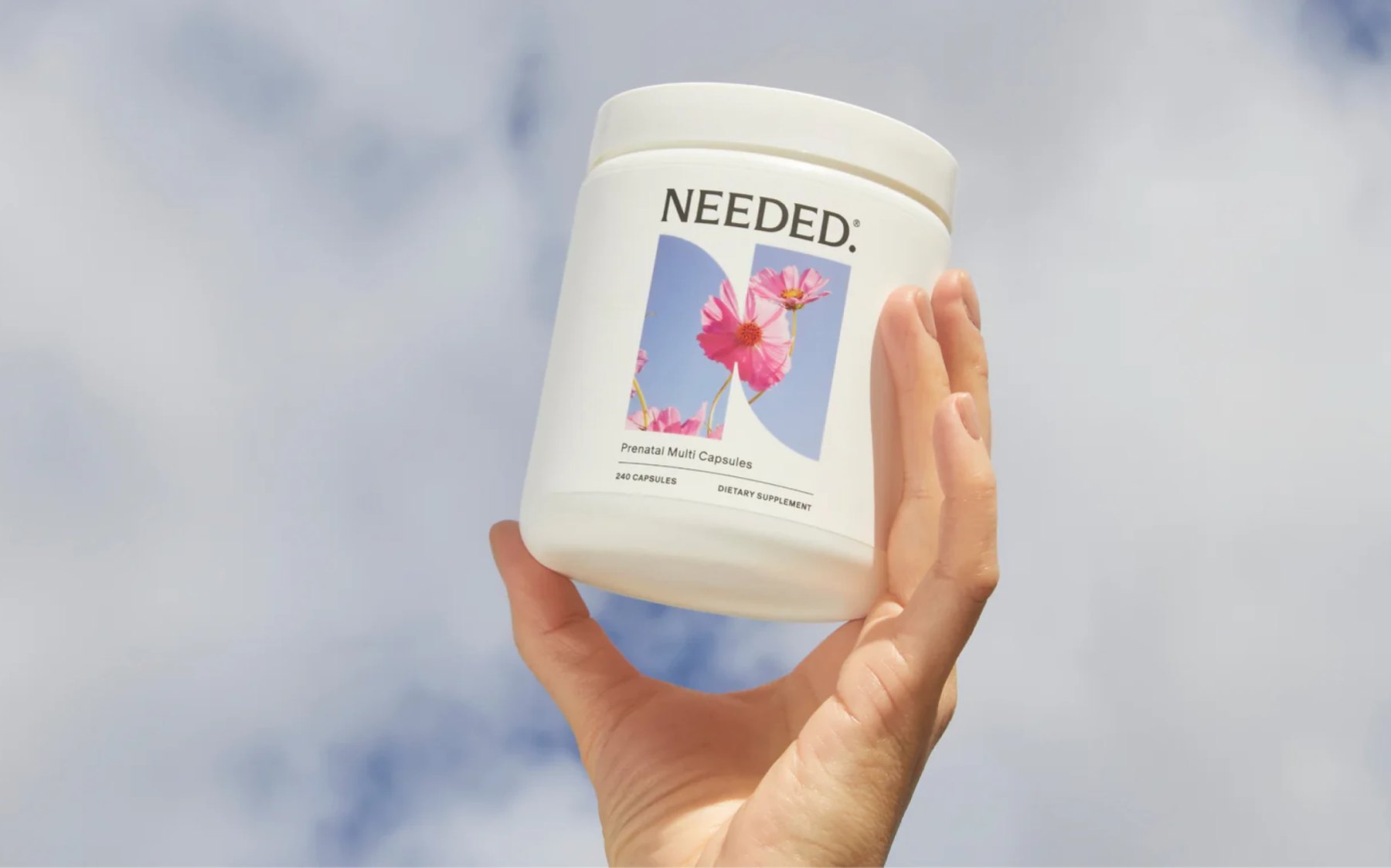 Needed jar held aloft against a cloudy sky.