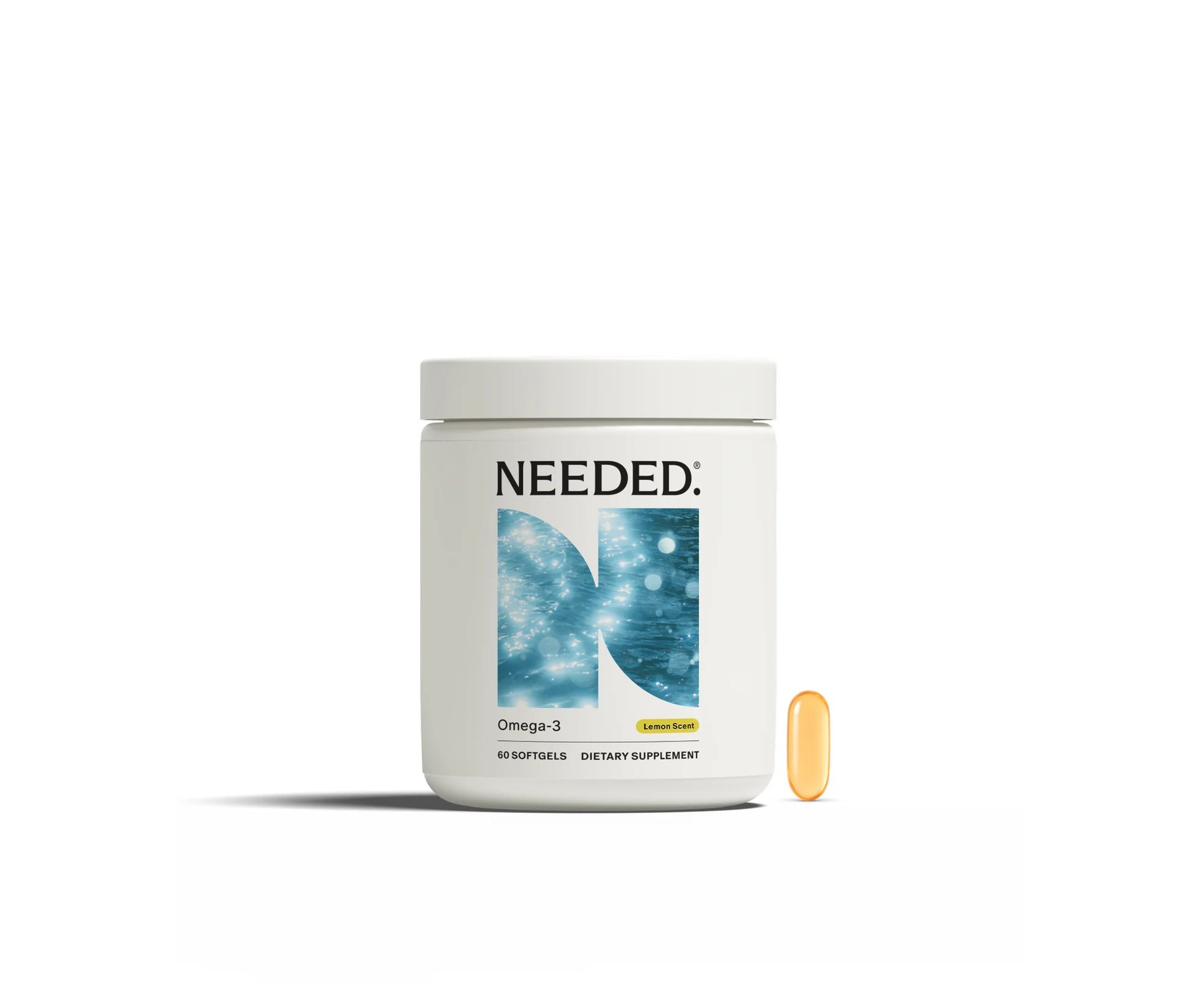 Needed Womens Omega 3 jar and softgel displayed.