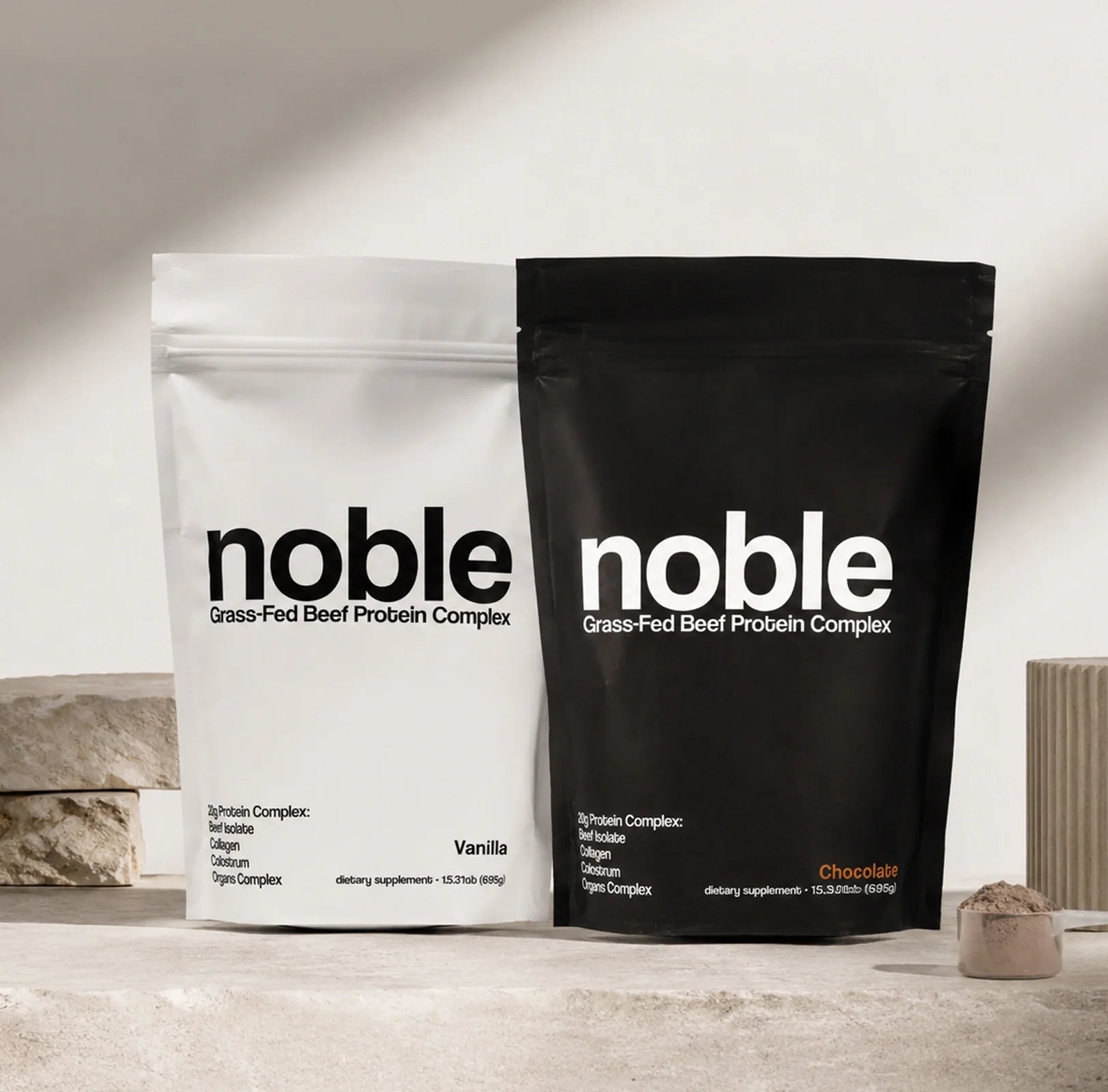 Vanilla and chocolate grass fed protein bags together.
