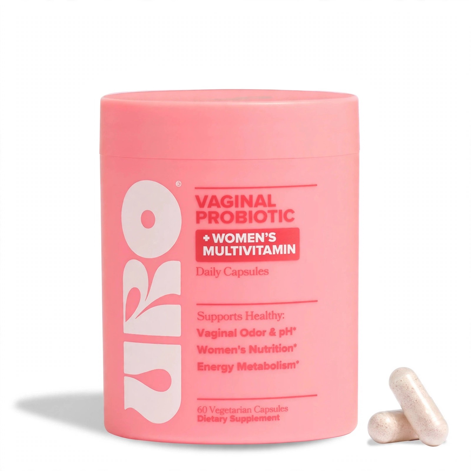 URO vaginal probiotic multivitamin jar with capsules beside it.