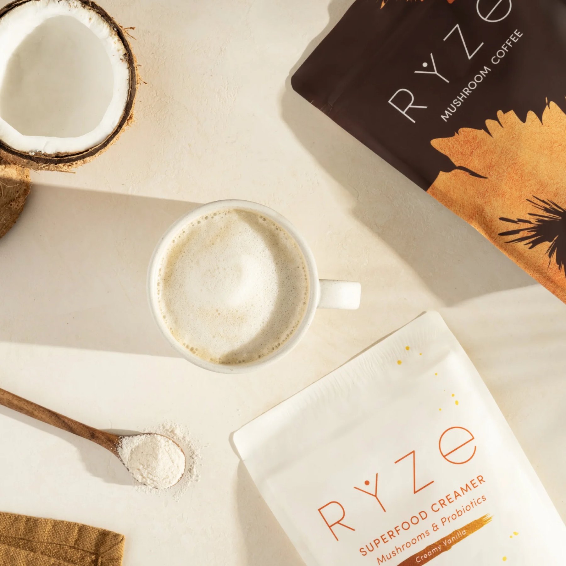 Morning coffee setup featuring RYZE blends and a full mug.