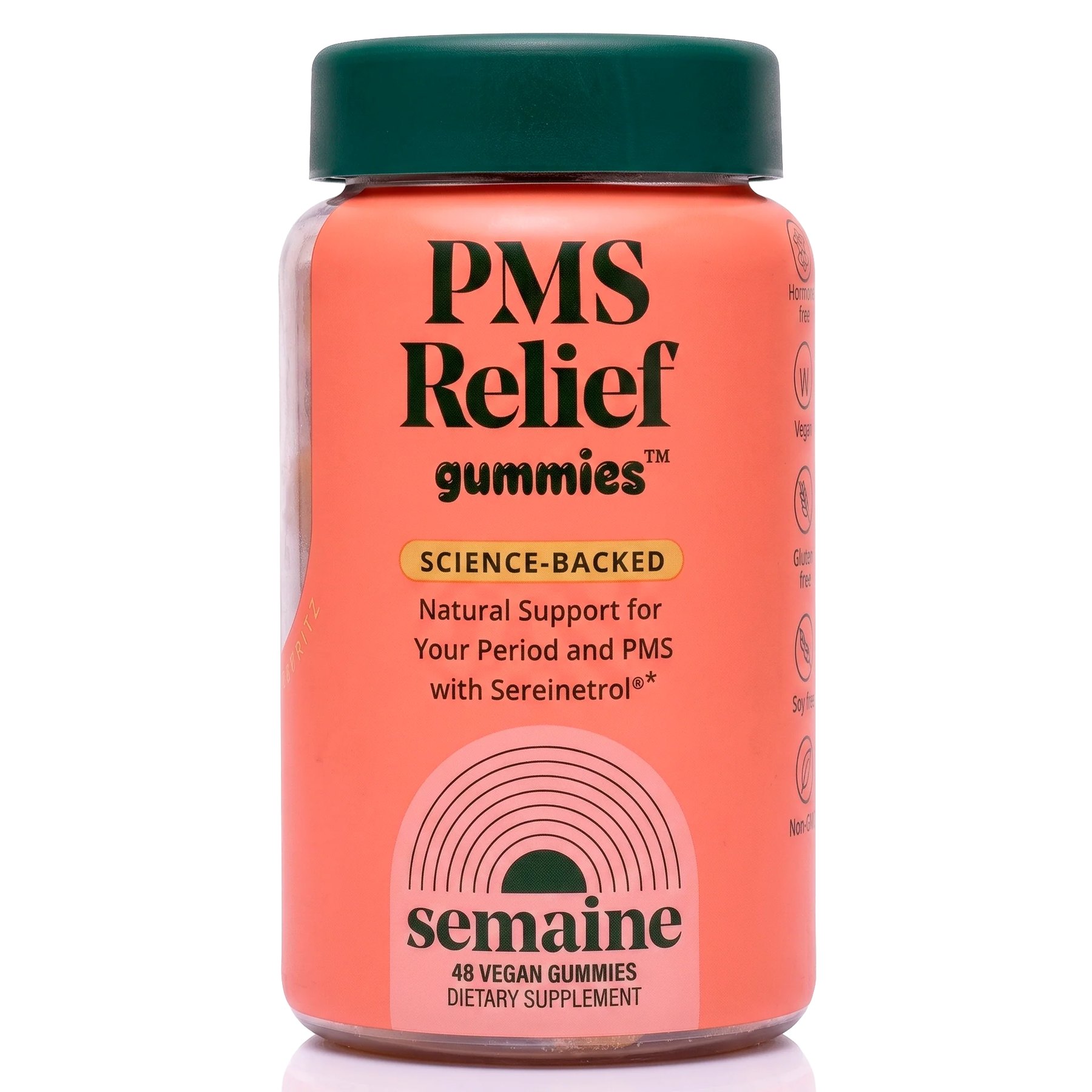 Studio shot of one Semaine PMS Relief bottle.